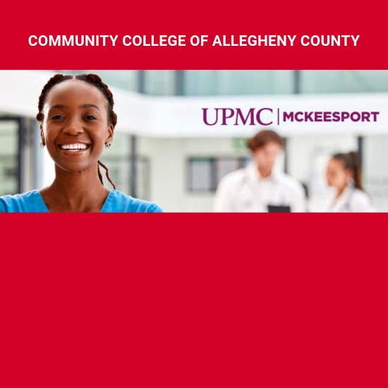  Young woman smiling with medical professionals in background; CCAC and the UPMC McKeesport logos